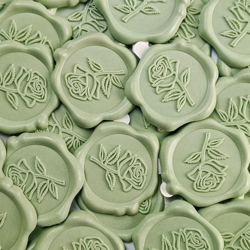 Pilloze 50 Pcs Adhesive Green Rose Wax Seal Stickers, Adhesive and Easy to Use Green Rose Envelope Stickers, Rose Seal for Wedding Invitation or Envelopes, Scrapbooking - Image 1
